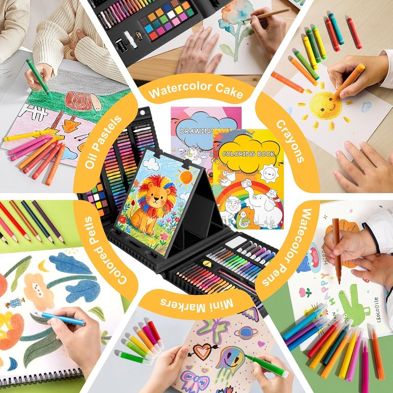 GOTIDEAL Kids Art Kit,Art Supplies for Kids,210 PCS Art Set with Double Sided Trifold Easel,Coloring Book, Crayons, Markers, Watercolor Pens, Arts & Crafts,Gift for 4-12 Year Old(Black) - Image 3